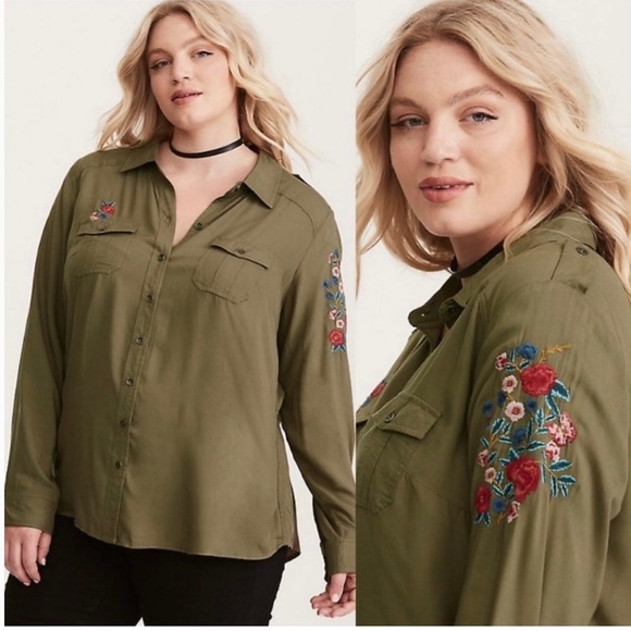 Torrid Tops - Torrid Embroidered Twill Olive Green Button Down Shirt